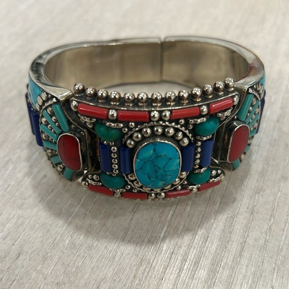 Vintage Tibetan Nepalese Cuff Bangle With Turquoise Coral And Lapis Lazuli Stone